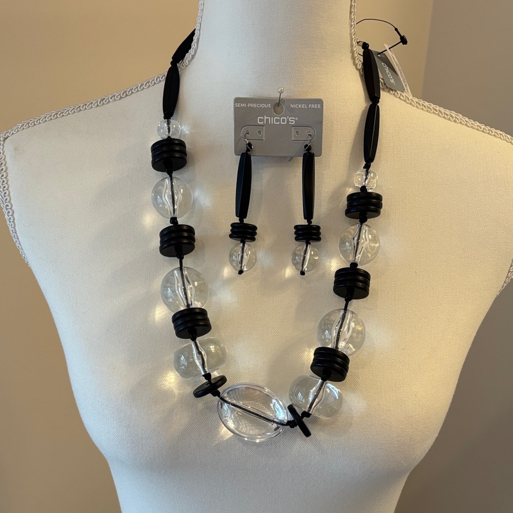 Chico's NWT Black and Clear Beaded Necklace with Matching Earrings